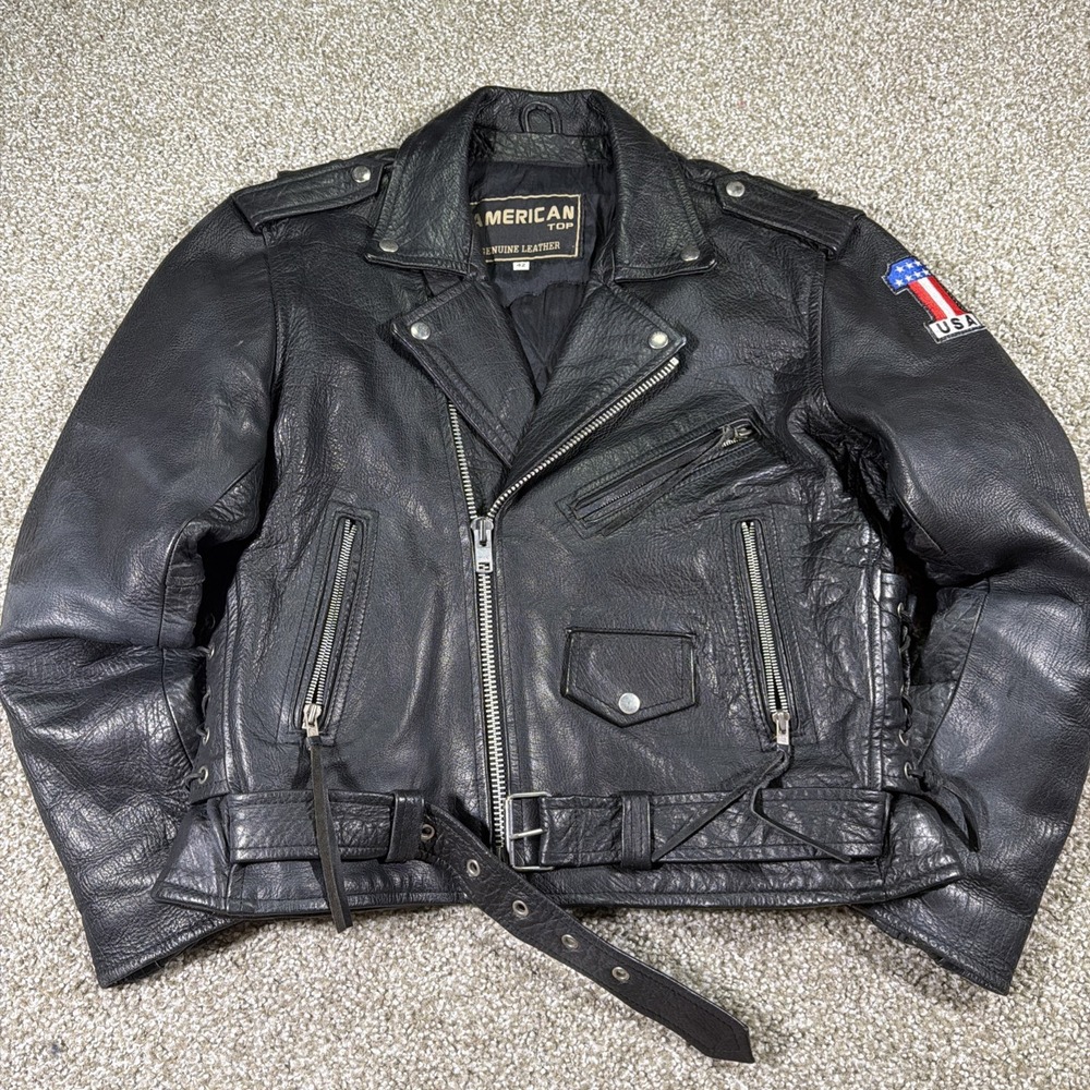 American Top Motorcycle Leather Jacket With Huge Patch Size 42 Belted Cinched